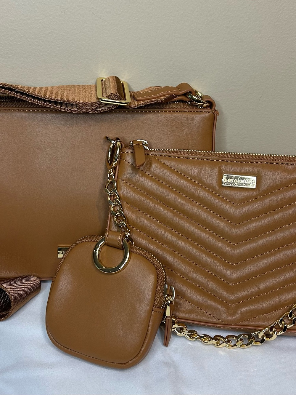 G by Giuliana Caramel Brown Quilted Leather Crossbody Trio Set